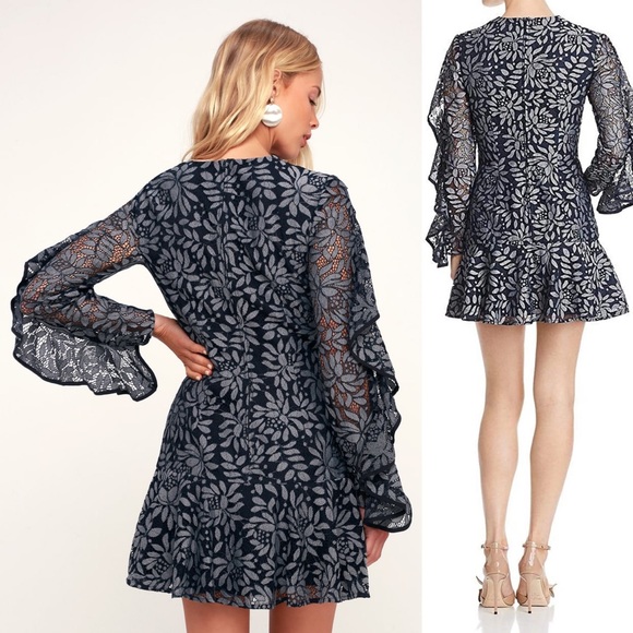 KEEPSAKE Engage Navy Blue Lace Long Sleeve Dress S - Picture 2 of 14